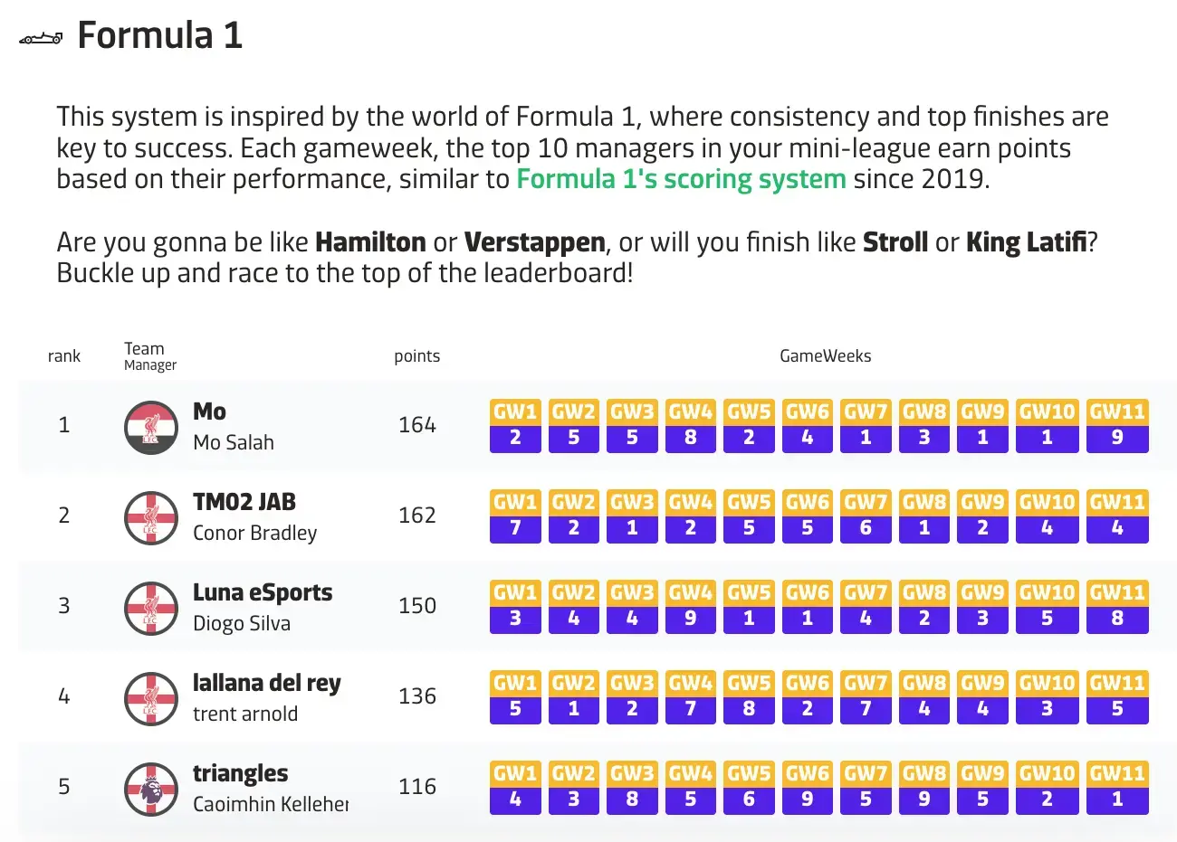 FPL.fun App - Formula 1 standings